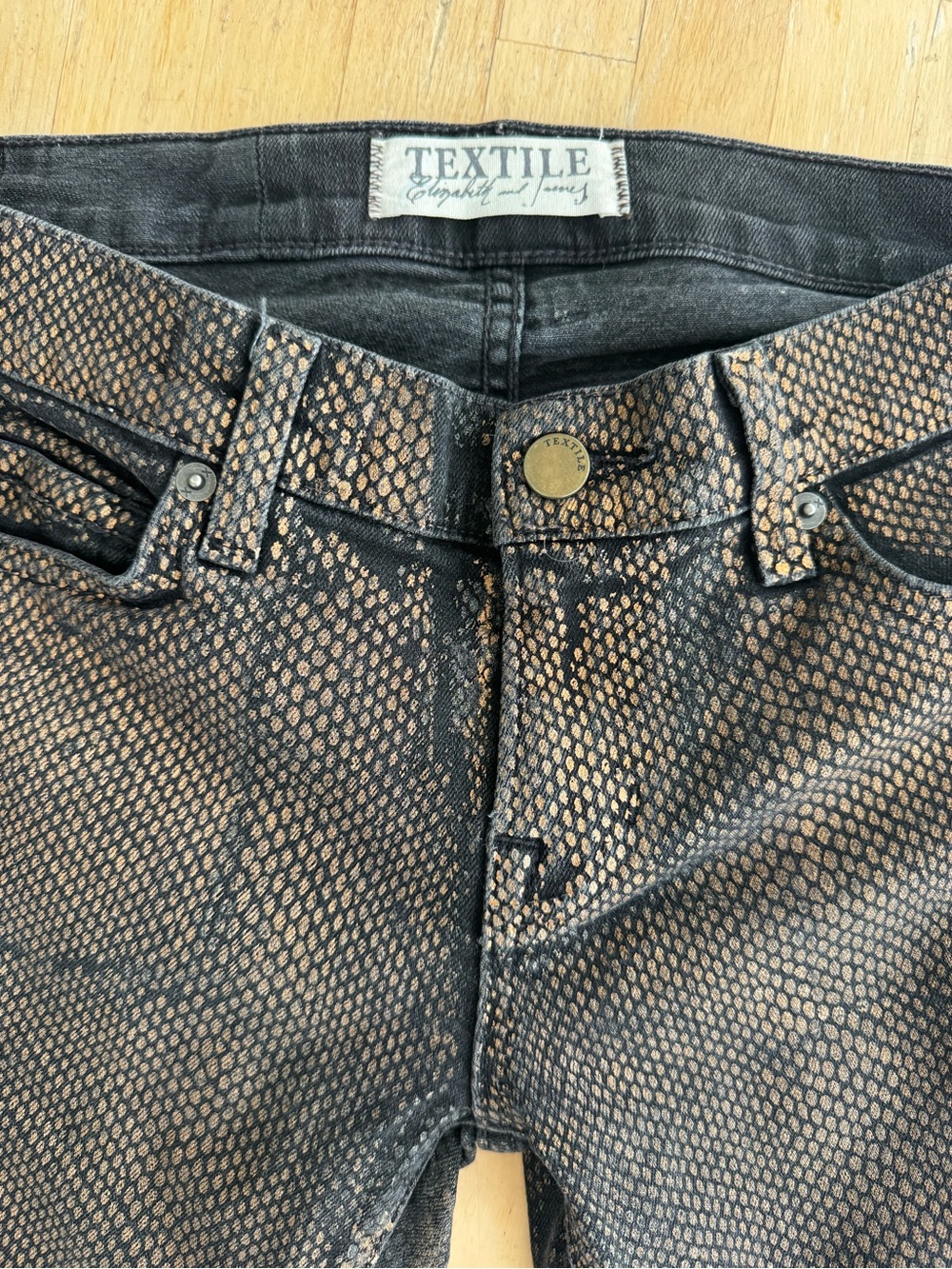 TEXTILE Elizabeth and James Black Jeans with Bronze Metallic Snake Print